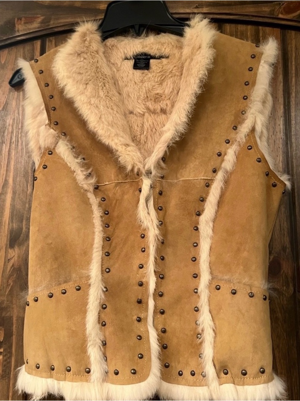 Arden B Luxe Tan Suede Rabbit Fur Studded Vest